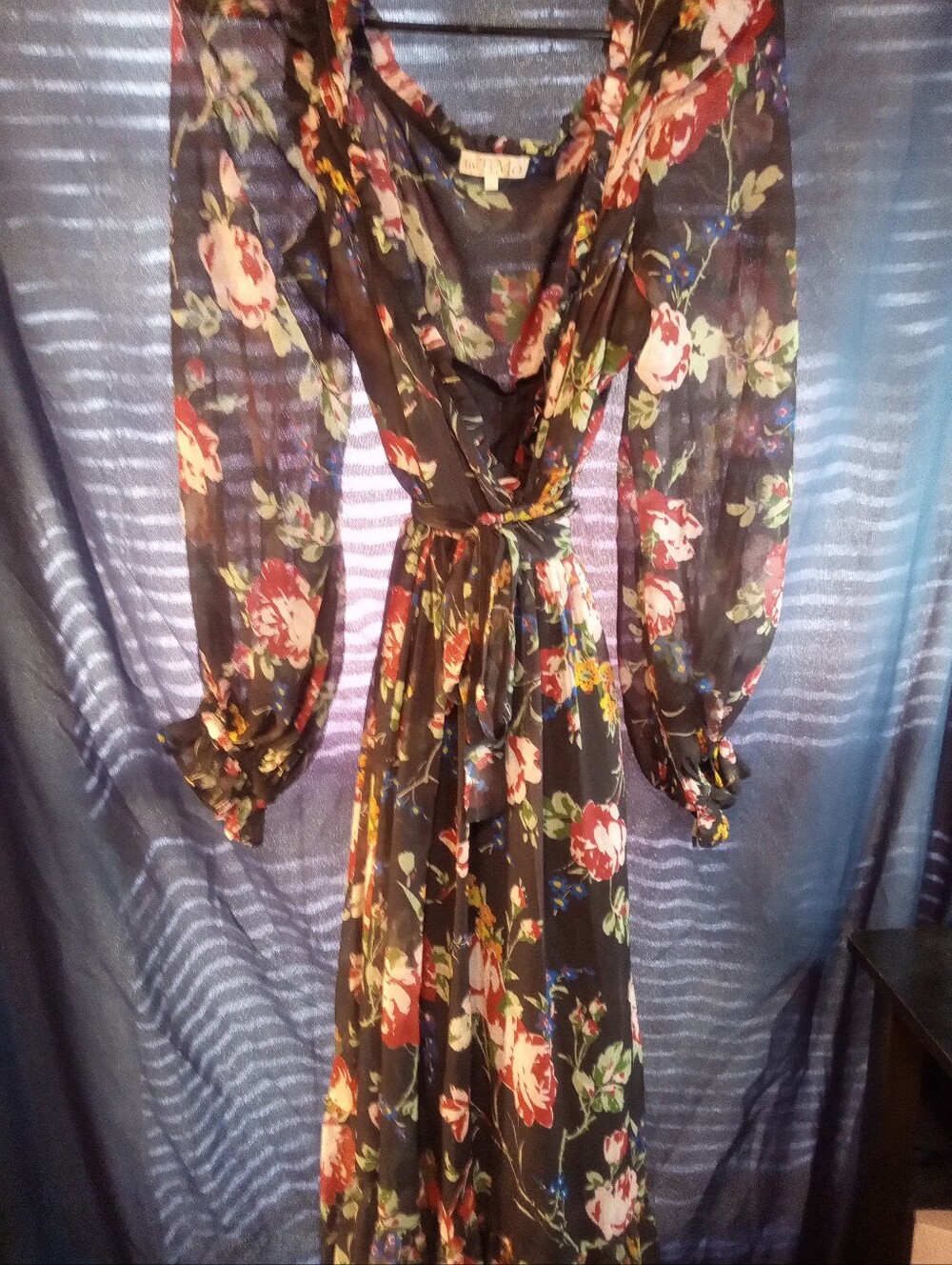 ByTiMo Women’s Black Floral Wrap Chiffon Maxi Dress with Tie Waist